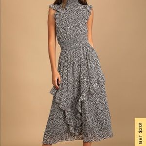 Lulus: Evalina Black Floral Print Mock Neck Midi Dress